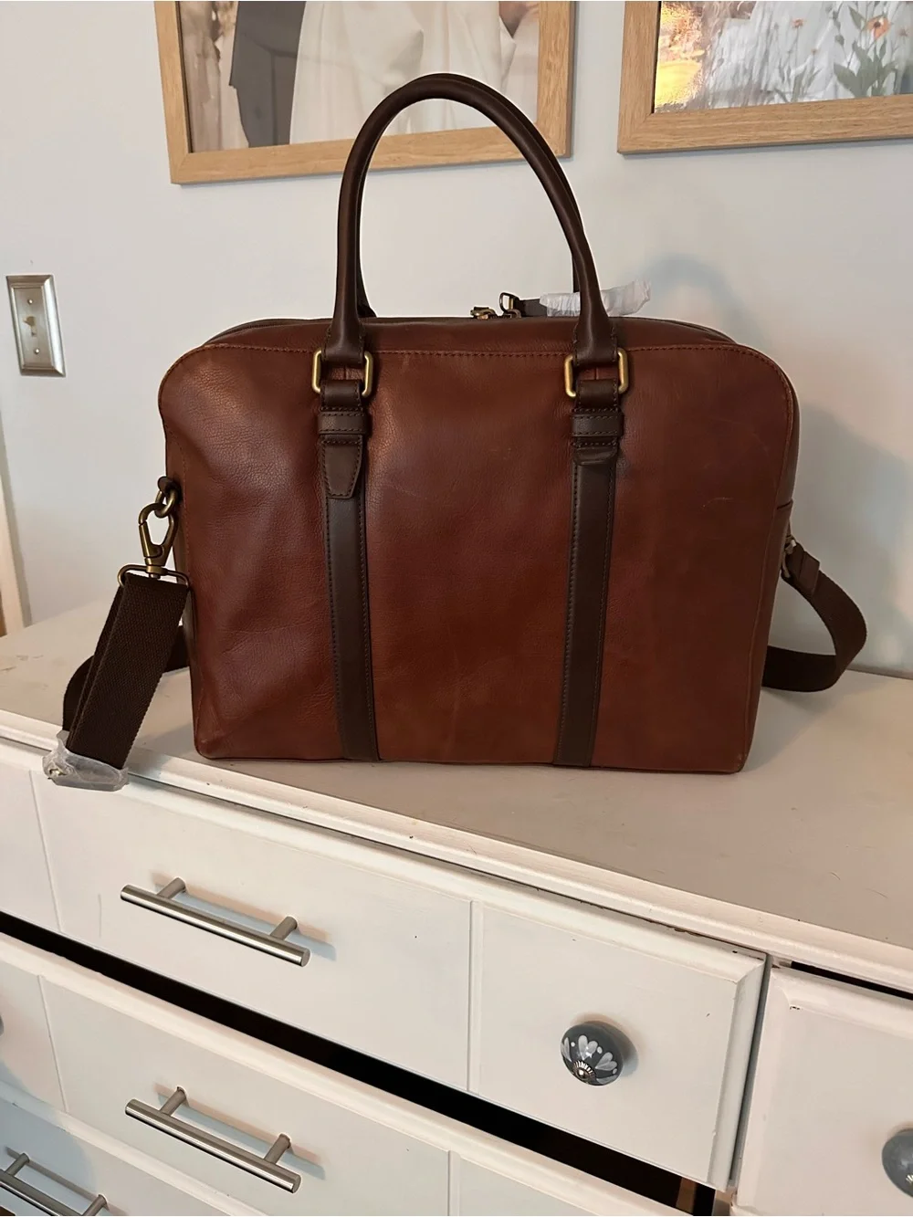 Fossil Brown Leather Laptop Briefcase with Dark Brown Accents